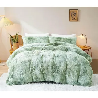 Sacebeleu Winter Bettwäsche 200x200cm Grün Weiß Plüsch Langhaar Flauschig Flanell Biber Bettbezug Warme Deckenbezug Bettbezug und 2 Kissenbezug 80x80cm mit Reißverschluss