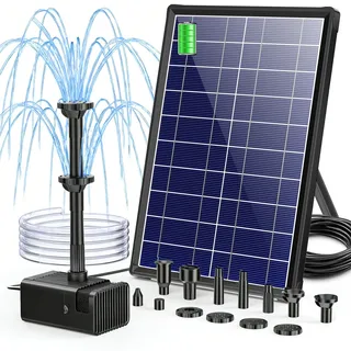 Biling Solar Teichpumpe mit Akku, 8W 300 l/h Leise Solarpumpe mit 8Düsen, Solar Springbrunnen außen mit Bachlaufschlauch für Gartenteiche Belüftung bis 500L, DIY Mini Wasserspiel Fontänen