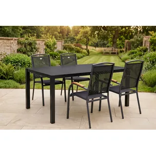 HARTMAN Raffaelo Garten-Essgruppe, xerix/anthrazit, Alu/Spraystone/Teak, 160x95 cm, 4 Stapelsessel, Teak Armlehnen
