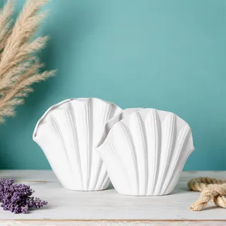 2er Set Keramikvasen in Muschelform, Weiß, 16 cm & 14,5 cm, Deko Vasen für Kurze Trockenblumen und Kunststiele, Tisch-, Regal-, Sideboard- und Wohnzimmerdeko im Küstenstil
