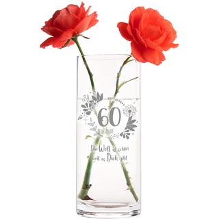 Casa Vivente Vase zum 60. Geburtstag mit süßer Gravur, Runde Glasvase mit Alter und Spruch als Geburtstagsgeschenk für Frauen, Blumenvase für Moderne Deko