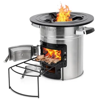Onlyfire Raketenofen Edelstahl für Grillparty & Camping, Tragbarer Campingkocher Holz für Dutch Oven, Grillpfannen, Sicherer Holzofen mit Brennholzständer für Familien, Doppeltür-Design