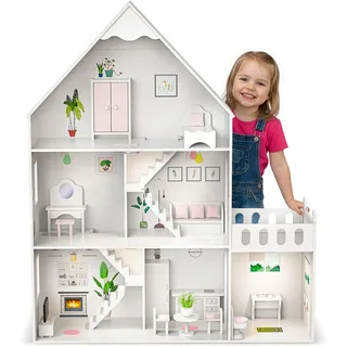 Puppenhaus Holz groß 118 cm – Kinderplay 3-stöckiges Puppenhaus für Kinder mit Möbeln, LED Licht, Aufklebern und Zubehör – Modernes Holz Spielhaus Geschenk ab 3 Jahre