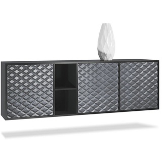Vladon Sideboard Cuba (Kommode, mit 3 Türen und 2 offene Fächer), Schwarz matt/3D Stahlgrau (182 x 53 x 35 cm) grau