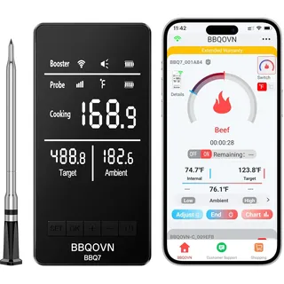 BBQOVN WLAN Bluetooth Fleischthermometer mit Unbegrenzter Reichweite, 7 NIST-zertifizierte Sensoren & Umgebungstemperatur, Kabelloses Thermometer für BBQ, Smoker, Ofen, Grill, Heißluftfritteuse