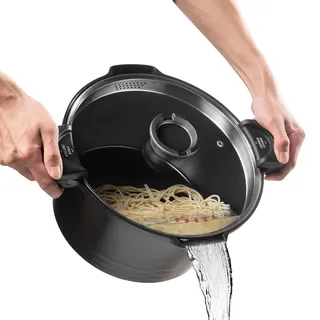 ROSSETTO Nudeltopf mit Siebeinsatz Kochtopf groß 28 cm Spargeltopf Induktion mit Siebdeckel Spaghettitopf Pastatopf 8 Liter Suppentopf, Aluguss keramikantihaftbeschichtet, schwarz