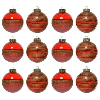Decoris season decorations Christbaumschmuck, Weihnachtskugeln Kunststoff 8cm mit Streifen 12er Set - Weihnachtsrot rot