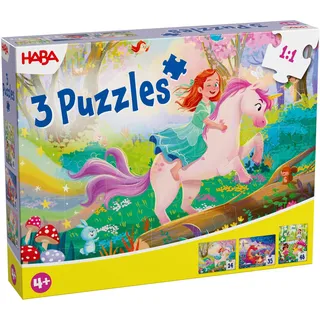 HABA 2013401001 - Puzzles Zauberträume, mit Glitzer-Effekt, Motiv: Einhorn/Fee/Prinzessin, 24/35/48 Teile