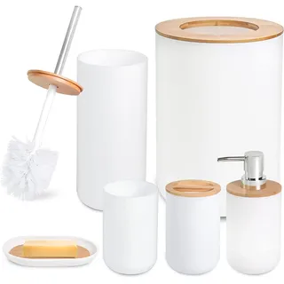 Tiamu 6Teiliges Bambus Badezimmer Set weiß,Toilettenzubehhrset mit Lotionspender, Mülleimer, Zahnbürstenhalter Becher Qtip Halter, Toilettenbürste und Seifenschale, WC Brvste Badgarnitur