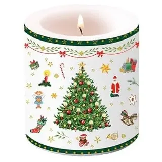Ambiente Kerze Stumpenkerze Lampionkerze 9 cm hoch Brenndauer ca 35h Weihnachten Advent Tannenbaum grün Zweige Christmas evergreen