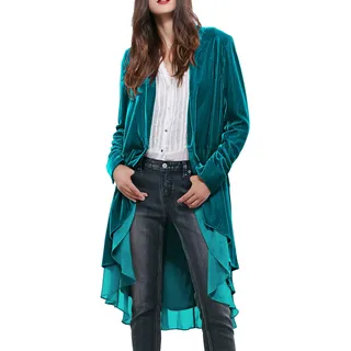 R.Vivimos Herbst Winter Damen Samt Rüschen Freizeitjacke Vintage Lang Mantel Langarm Kragenlos Schwalbenschwanz Blazer(Small,Seeblau) - S