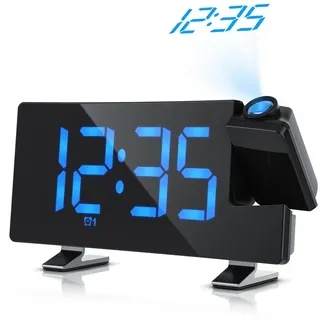BEARWARE Projektionswecker Dimmer, 15 FM Radiospeicher, große blaue Ziffern, Snooze 5-60 min. Projektions Radio Wecker digital, 7 Tasten, 2 Weckalarme, USB Kabel schwarz