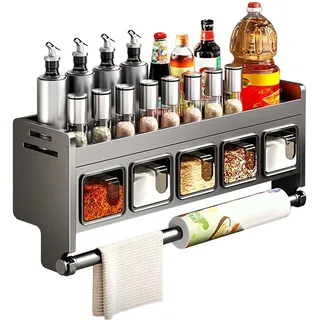Gewürzregal Wand mit Gewürzbox & Küchenrollenhalter, Edelstahl Gewürzregal ohne bohren, Küchenregal Hängend mit Löffel, Verbreiterung der Arbeitsplatte, Wandregal Küche, Gewürz Organizer (5 Gewürzbox)