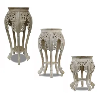 Oriental Galerie Rundhocker Pott Blumenhocker Beistelltisch Nachttisch Teak Holz Hocker Barock Massiv, Farbe:Whitewash, Größe:45 cm