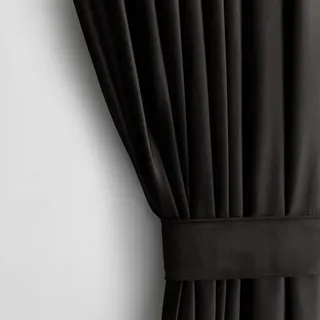 AmeliaHome Restilo Set Vorhang H 270 x B 140 cm mit Raffhalter 54 x 10 cm Velvet Optik Schwarz 1 St. Kräuselband Wellenband Samt Halbverdunkelungsvorhang Fensterdekoration Dekoschal Dekorvorhang