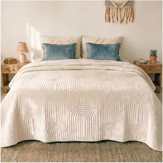 CalmyHOME Tagesdecke 240x260 Bettüberwurf Tagesdecken - Boho Style Samt Decke Bett Überwurf Bedspread Sofaüberwurf Sofa Steppdecke Überwurfdecke Überdecke, Creme