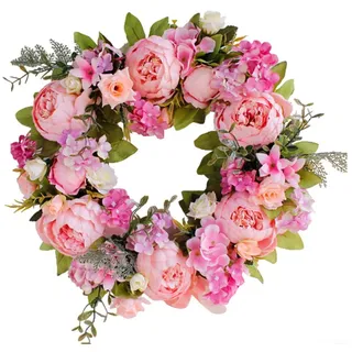 TUWENA Dekokranz Künstlicher Türkranz Dekoration, Pfingstrose Blume Haustürkranz, für Frühling und Sommer All Seasons Blumenkranz Runde Reisig rosa