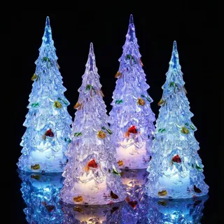 DEARMAMY Beleuchtete Acryl-Weihnachtsbäume, Acryl, LED-beleuchteter Weihnachtsbaum: 4 Stück Kristall-Weihnachtsbaum-Lampe, Mini-bunte leuchtende Baumfigur, Nachtlicht, Urlaub, Party, Tischaufsatz