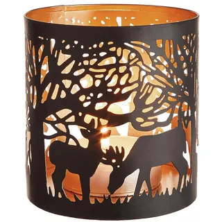 BUTLERS Metall-Windlicht Wald-Design 13 cm Eisen Luminous | Teelichthalter für stimmungsvolles Licht | schwarz-goldene Deko | Tischdekoration für gemütliche Abende