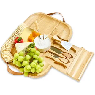hausleben Käsebrett Bambus-Käsebrett und Messer-Set – Holz-Charcuterie-Brett mit, (1-St), Ledergriffen und herausziehbarer Schublade