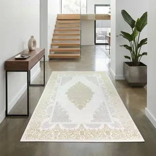 Teppich-Traum Kurzflor Teppich Mäander Ornamente Creme Gold 60x110 cm | Pflegeleicht, schmutzabweisend, strapazierfähig, vielseitig einsetzbar, OEKO-TEX geprüft, mit Glanzeffekt, 8 mm Flor