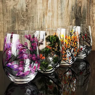 Vier Jahreszeiten Baum Weinglas Set - Handbemalte Kunst, Frühling Sommer Herbst Winter Farbig Bemalte Glaswaren, Dekorativ (Ohne Stiel, 4er Set)