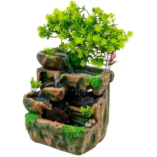 Zimmerbrunnen Tischgestellter Fengshui-Brunnen mit Grünen Pflanzen, Wasserfallbrunnen mit LED-Beleuchtung und Zerstäuberfunktion für Platzierung im Wohnzimmer, Büro und Studienzimmer