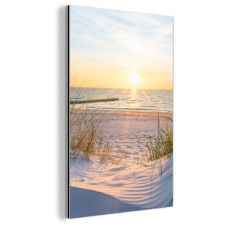 MuchoWow Metallbild Strand - Sonne - Düne - Gras - Sand - Horizont, (1 St), Alu-Dibond-Druck, Gemälde aus Metall, Aluminium deko bunt Rechteckig - 80 cm x 120 cm x 0.4 cm