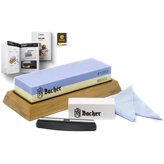 Bacher Premium Schleifstein. Zweiseitig, Körnung 1000/6000 Wetzstein Abziehsteine. Messerschärfer Wasserstein mit rutschfestem Bambusblock, Läppstein, Schleifhilfe und detaillierter eBook-Anleitung