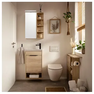 Lomadox Badmöbel-Set MORA-80, (Spar-Set, 3-St., Waschtisch Spiegelschrank Toilettenschrank), mit Keramikbecken, Spiegelschrank mit Beleuchtung, in Eiche braun