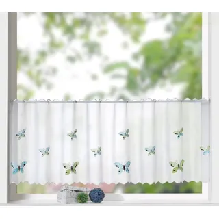 heimtexland Scheibengardine Panneaux Stickerei Applikation Schmetterling in grün blau türkis HxB 45x150 cm Gardine Voile in weiß chic Bestickt Typ328