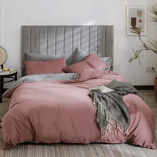 Lanqinglv Warme Winter Bettwäsche 135x200cm 4 Teilig Biber Plüsch Rosa Grau Wendebettwäsche Deckenbezug Bettbezug mit Reißverschluss und 2 Kissenbezug 80x80cm