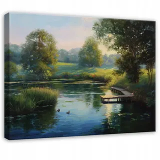 Leinwandbild Wald Und See, Natur Landschaft Mit Bäumen Für Schlafzimmer, Wohnzimmer Und Küche, Hochauflösender Druck, 120 X 80 Cm