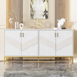 ModernLuxe Sideboard Weiß Gold Kommode 4 Türen Anrichte Wohnzimmer Esszimmer Stauraum Möbel modern MDF Sideboard Metallbeine großer Stauraum für Wohnzimmer, Esszimmer & Flur
