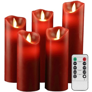 YIWER LED Kerzen,Flammenlose Kerzen 12/15/17/20/22CM Set aus 5 Echtwachs mit realistischen tanzenden LED Flammen und 10-Tasten Fernbedienung mit 2/4/6/8-Stunden Timer,300+ Stunden (Rot, 5×1)