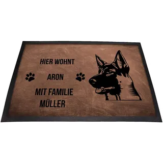 Tierisch-tolle Geschenke Deutscher Schäferhund Fußmatte mit Namen für innen & außen | Hier wohnt (Name1) mit Familie (Name2) | rutschfest | Waschbar | Fussmatte personalisiert | (Braun 6)