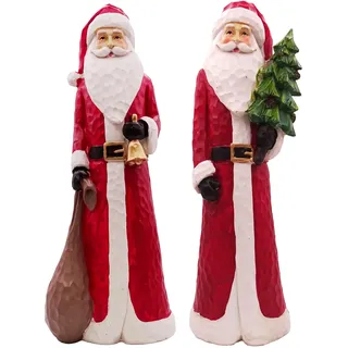 Logbuch-Verlag Weihnachtsmann Figur 30 cm im 2er Set – Weihnachtsdeko zum Hinstellen, Geschnitzte Holzoptik aus Kunststein, Nikolaus mit Geschenkesack & Baum
