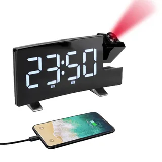 Goshyda Digitaler Projektionswecker, LED-Wecker, um 180 ° Drehbare Projektion an der Deckenwand, UKW-Radio, USB-Ladegerät, Nachttischuhr für Schlafzimmer mit Schwerem Schlaf, Kinder(Weiße Schrift)