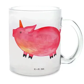Mr. & Mrs. Panda Teeglas Einhorn Schwein, Trinkglas, Transparent, Geschenk, Schwein, Unicorn, Premium Glas, glastasse Teetasse aus Glas Motivtasse