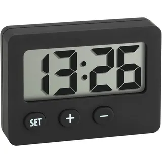 TFA Dostmann Mini Digitaluhr, 60.2013.01, Tischuhr, Quarzuhr, perfekt für KFZ (Wohnmobil oder Auto), für Klausuren/Abschlussprüfungen, handlich, mit Magnet, Selbstklebender Halter, Ständer, schwarz