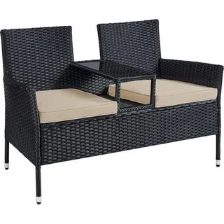 Terrasset mit Liegebank - Stahlrahmen - Rattan - weichem Schäumkissen - Glasplatte - schwarz-taupe - 65 x 131 x 84 cm - Schwarz