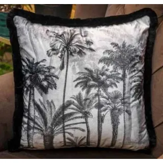 Casa Padrino Luxus Deko Kissen Palmen Design Grau / Schwarz 45 x 45 cm - Bedrucktes Samt Kissen mit Fransen - Deko Accessoires