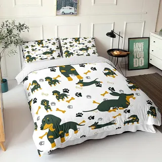 kldby Bettbezug 135 x 200 Dackel Muster Bettwäsche Set, 100% Microfaser Weiche Atmungsaktive 2 Teilig - 1 Bettbezüge mit Reißverschluss und 1 Kissenbezug 80x80 cm