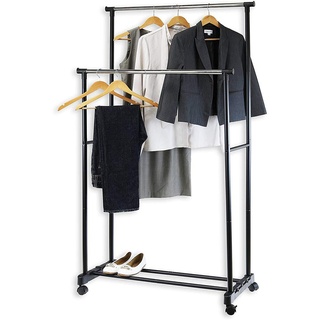 OHMG Kleiderständer, Höhe und Breite verstellbar mit Rollen, mobiler Garderobe, 3 höhenverstellbare Stangen und ein Ablagefach