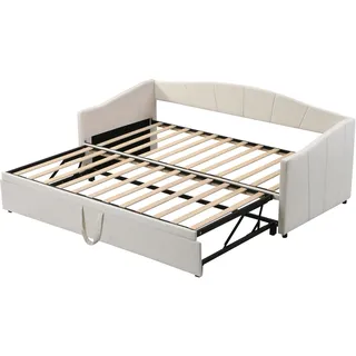 Merax Polsterbett Ausziehbares Schlafsofa 90/180*200 cm , Multifunktionsbett aus hautfreundlichem Samtstoff Beige