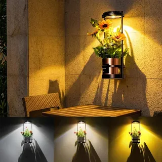 CNAPXAIA Solare Blumenständer mit LED Pflanzenlicht, IP44 Wassergeschütztes Metall Pflanzenständer Outdoor, 3 Farbmodi Wandregal für Blumentöpfe auf Terrasse Balkon Garten, 2 Stück