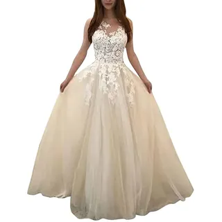 Onsoyours Hochzeitskleid Damen Lang Brautkleider Elegant Spitze Brautmode RüCkenfrei Abiball Prinzessin Kleider Abendkleider Elegant FüR Hochzeit A Weiß M - M
