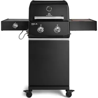BURNHARD® FRED Jr. Deluxe Gasgrill 2-Brenner, Gusseisenrost, Schwarz-Matt | 900°C Infrarot-Zone, Heckbrenner, Seitenkocher, Aludruckguss-Edelstahl-Brennkammer, 11 kW Leistung