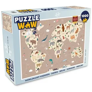MuchoWow Puzzle Weltkarte Kinder - Tiere - Braun - Jungen - Mädchen, 1000 Puzzleteile, Foto-Puzzle, Bilderrätsel, Puzzlespiele, Klassisch braun 48 cm x 68 cm x 2 cm