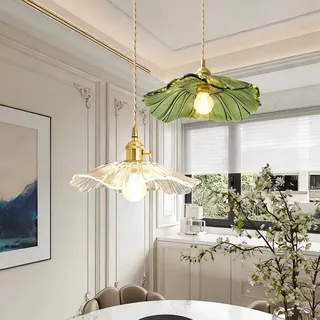 JOJOM Minimalistischer-Stil Vintage Hängeleuchte E27 Lotus blatt Glas Nordische Pendelleuchten Transparente Farbe Grün Beleuchtung Dekoration Wohnzimmer Schlafzimmer Restaurant Hotel(A)